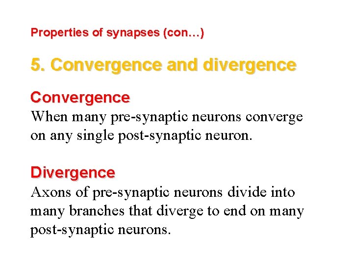 Properties of synapses (con…) 5. Convergence and divergence Convergence When many pre-synaptic neurons converge