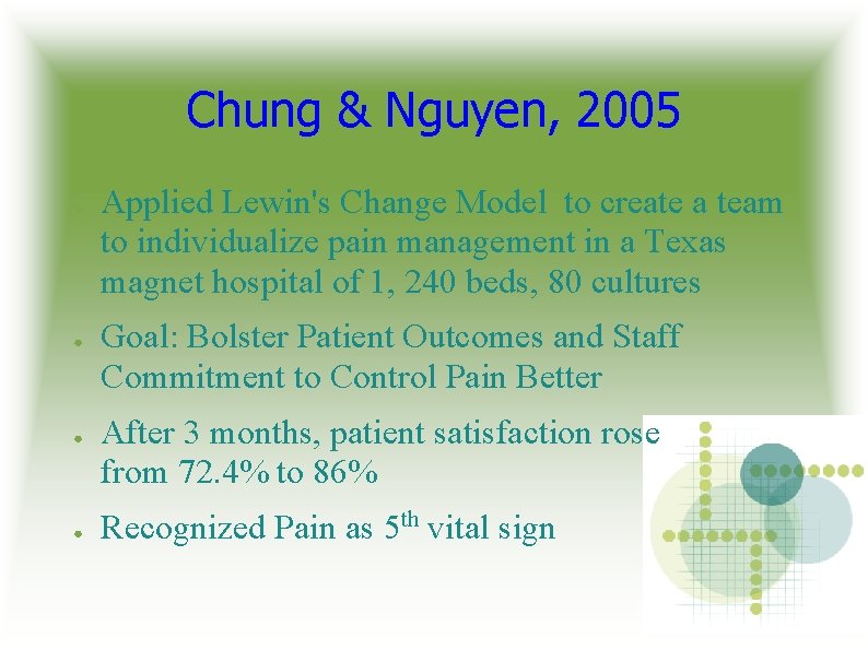 Chung & Nguyen, 2005 ● ● Applied Lewin's Change Model to create a team Chung & Nguyen, 2005 ● ● Applied Lewin's Change Model to create a team