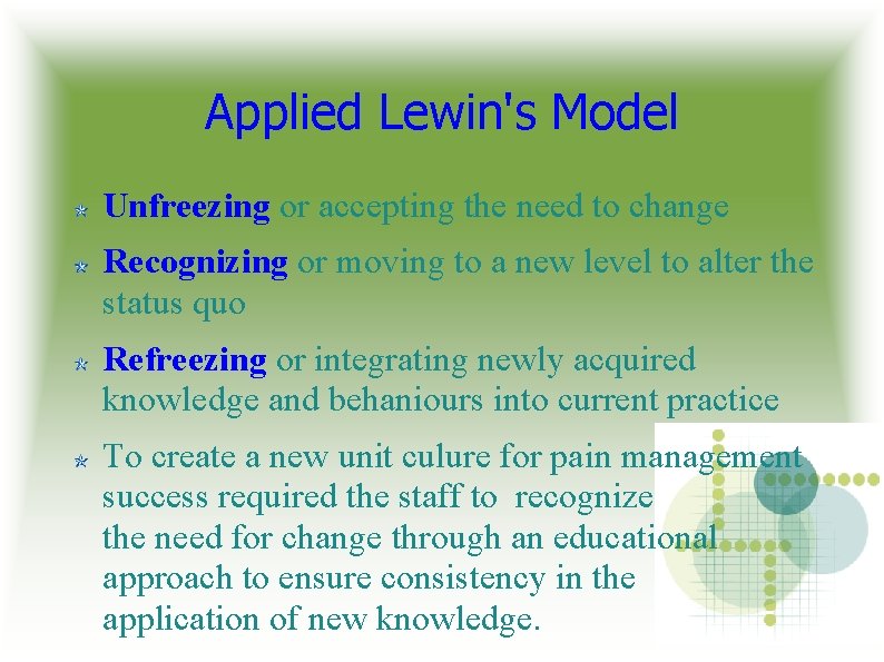 Applied Lewin's Model Unfreezing or accepting the need to change Recognizing or moving to Applied Lewin's Model Unfreezing or accepting the need to change Recognizing or moving to
