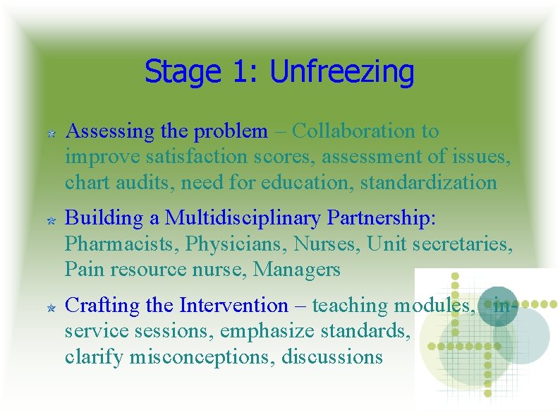 Stage 1: Unfreezing Assessing the problem – Collaboration to improve satisfaction scores, assessment of Stage 1: Unfreezing Assessing the problem – Collaboration to improve satisfaction scores, assessment of