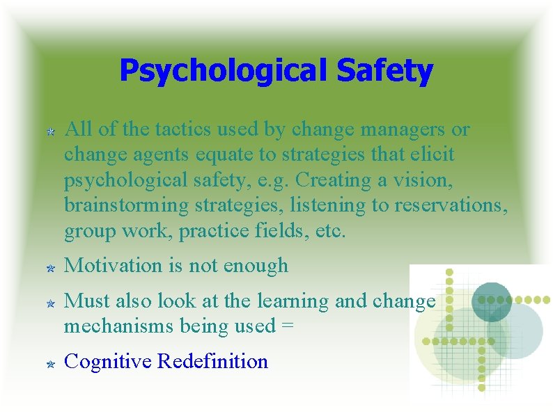 Psychological Safety All of the tactics used by change managers or change agents equate Psychological Safety All of the tactics used by change managers or change agents equate