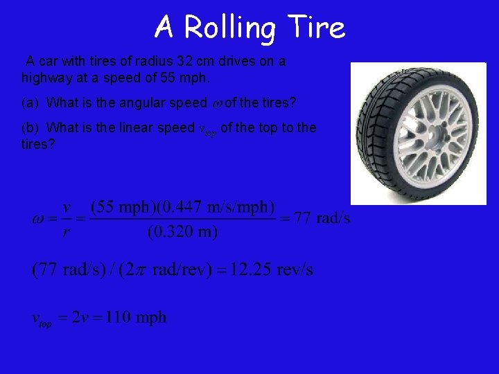 A Rolling Tire A car with tires of radius 32 cm drives on a