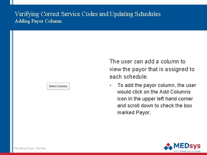 Verifying Correct Service Codes and Updating Schedules Adding Payor Column The user can add