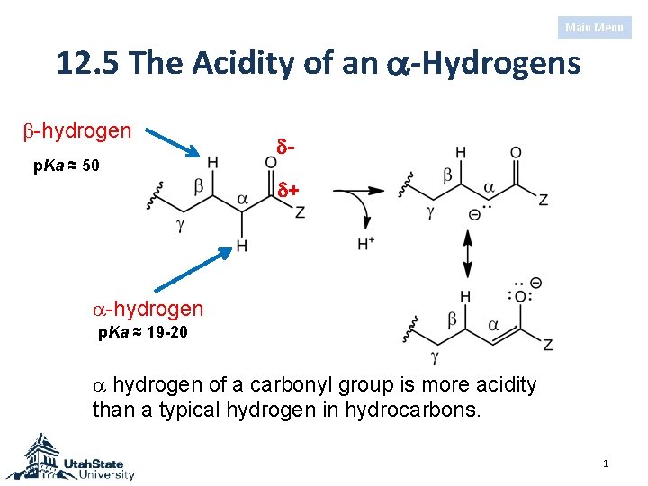 Main Menu 12. 5 The Acidity of an a-Hydrogens b-hydrogen p. Ka ≈ 50