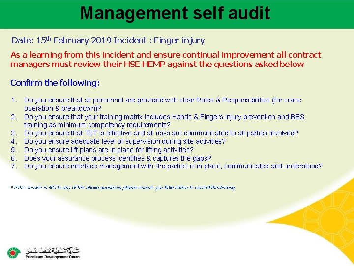 Management self audit Main contractor name – LTI# - Date of incident Date: 15