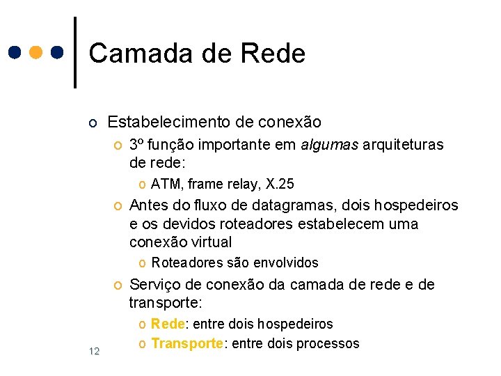 Camada de Rede o Estabelecimento de conexão o 3º função importante em algumas arquiteturas Camada de Rede o Estabelecimento de conexão o 3º função importante em algumas arquiteturas
