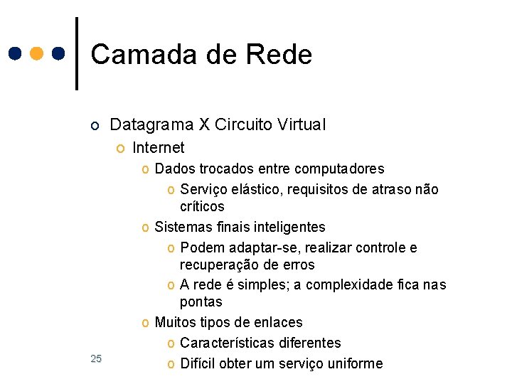 Camada de Rede o Datagrama X Circuito Virtual o Internet 25 o Dados trocados