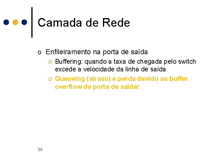 Camada de Rede o Enfileiramento na porta de saída o Buffering: quando a taxa Camada de Rede o Enfileiramento na porta de saída o Buffering: quando a taxa