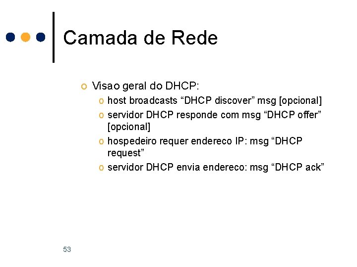 Camada de Rede o Visao geral do DHCP: o host broadcasts “DHCP discover” msg