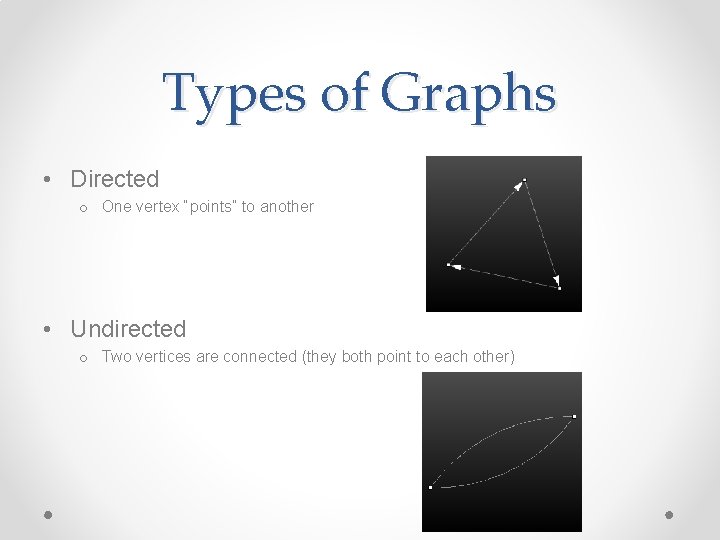 Types of Graphs • Directed o One vertex “points” to another • Undirected o Types of Graphs • Directed o One vertex “points” to another • Undirected o