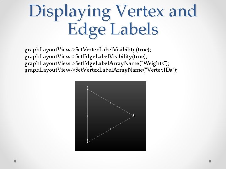 Displaying Vertex and Edge Labels graph. Layout. View->Set. Vertex. Label. Visibility(true); graph. Layout. View->Set. Displaying Vertex and Edge Labels graph. Layout. View->Set. Vertex. Label. Visibility(true); graph. Layout. View->Set.
