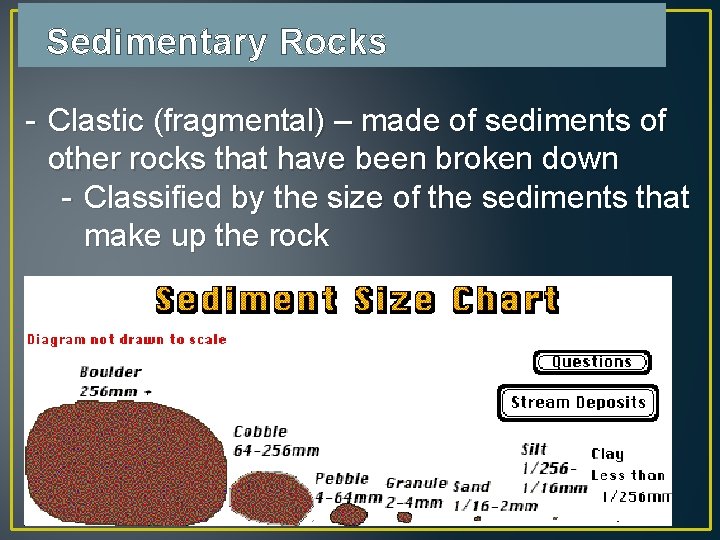 Sedimentary Rocks - Clastic (fragmental) – made of sediments of other rocks that have