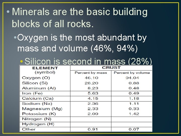  • Minerals are the basic building blocks of all rocks. • Oxygen is