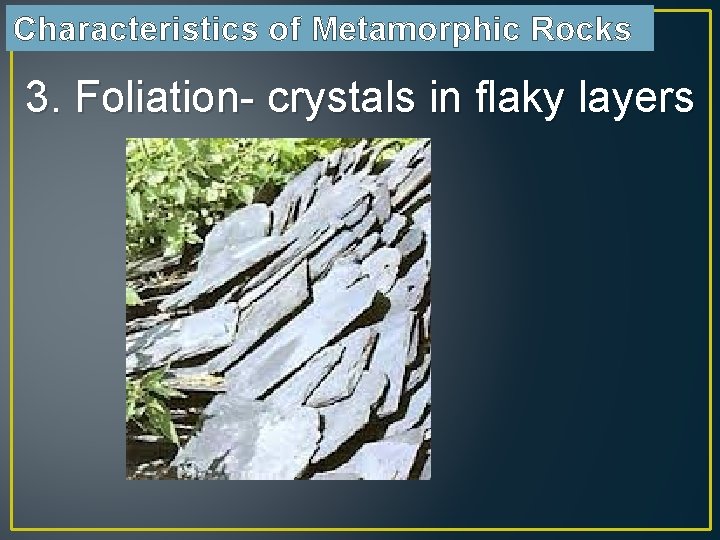 Characteristics of Metamorphic Rocks 3. Foliation- crystals in flaky layers 