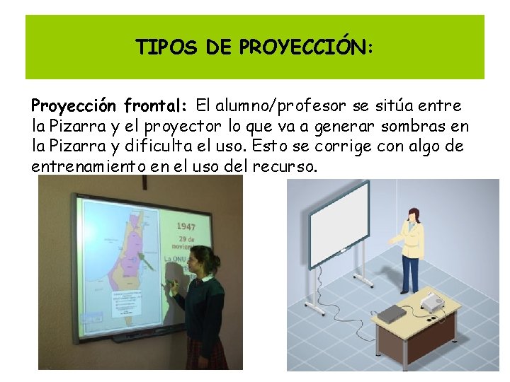 TIPOS DE PROYECCIÓN: Proyección frontal: El alumno/profesor se sitúa entre la Pizarra y el