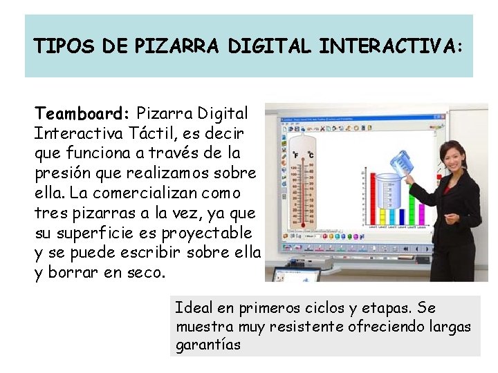 TIPOS DE PIZARRA DIGITAL INTERACTIVA: Teamboard: Pizarra Digital Interactiva Táctil, es decir que funciona