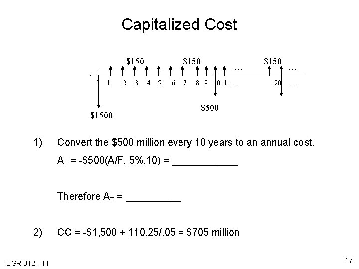 Capitalized Cost $150 0 1 2 3 $150 4 5 6 $1500 1) 7 Capitalized Cost $150 0 1 2 3 $150 4 5 6 $1500 1) 7
