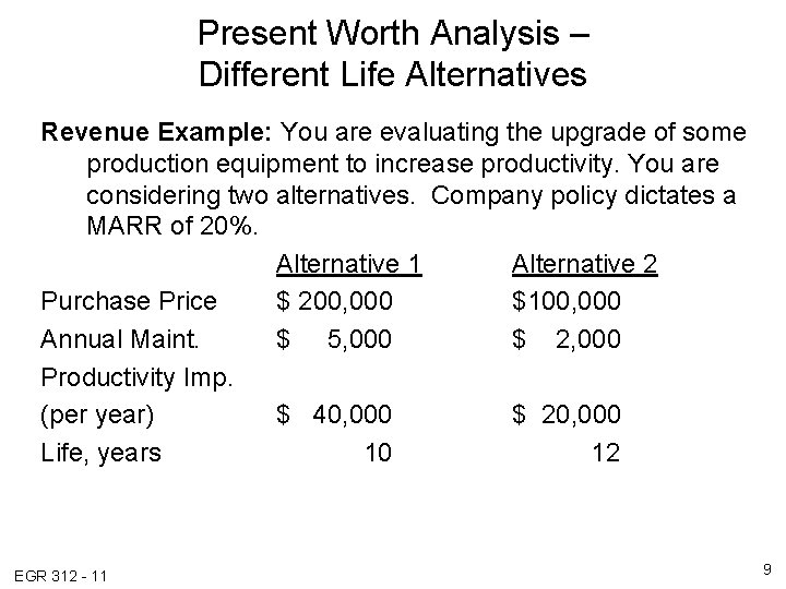 Present Worth Analysis – Different Life Alternatives Revenue Example: You are evaluating the upgrade Present Worth Analysis – Different Life Alternatives Revenue Example: You are evaluating the upgrade