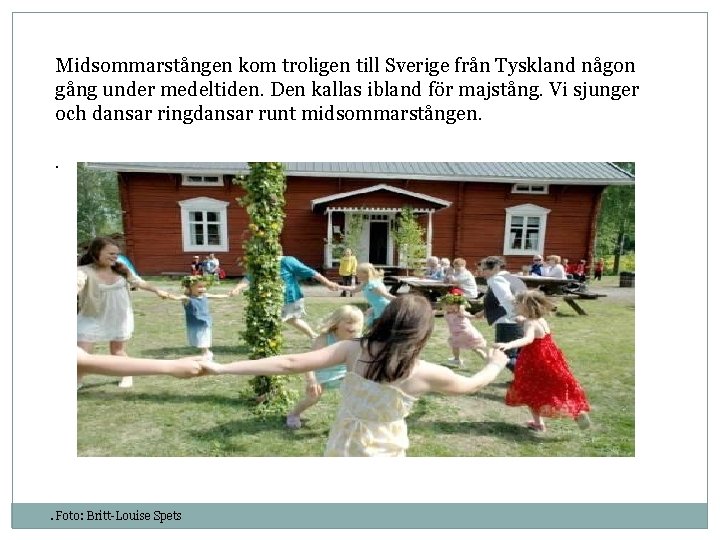 Midsommarstången kom troligen till Sverige från Tyskland någon gång under medeltiden. Den kallas ibland