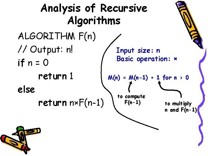 Analysis of Recursive Algorithms ALGORITHM F(n) // Output: n! if n = 0 return