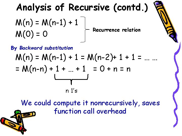 Analysis of Recursive (contd. ) M(n) = M(n-1) + 1 M(0) = 0 Recurrence