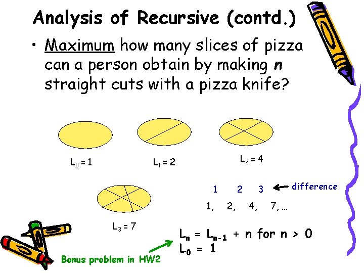 Analysis of Recursive (contd. ) • Maximum how many slices of pizza can a