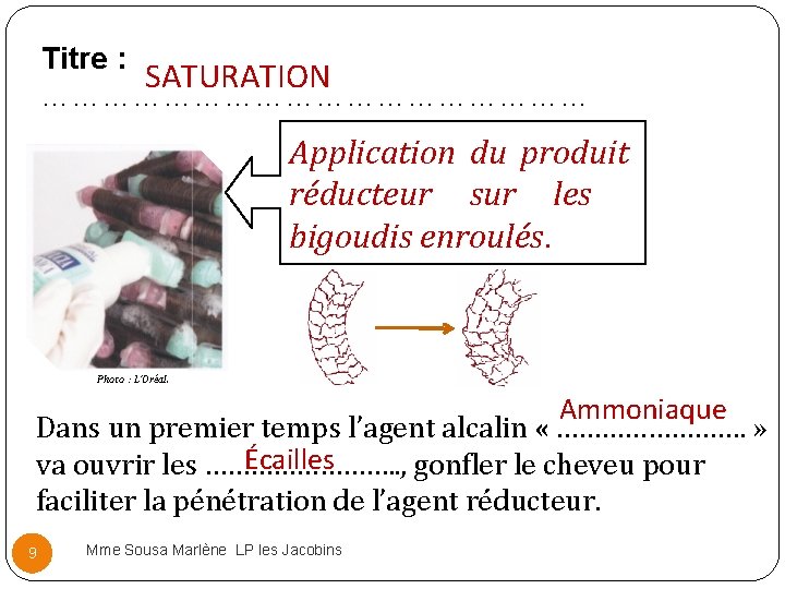 Titre : SATURATION ……………………… ……. Application du produit réducteur sur les bigoudis enroulés. Photo Titre : SATURATION ……………………… ……. Application du produit réducteur sur les bigoudis enroulés. Photo