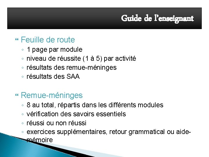 Guide de l’enseignant Feuille de route ◦ ◦ 1 page par module niveau de