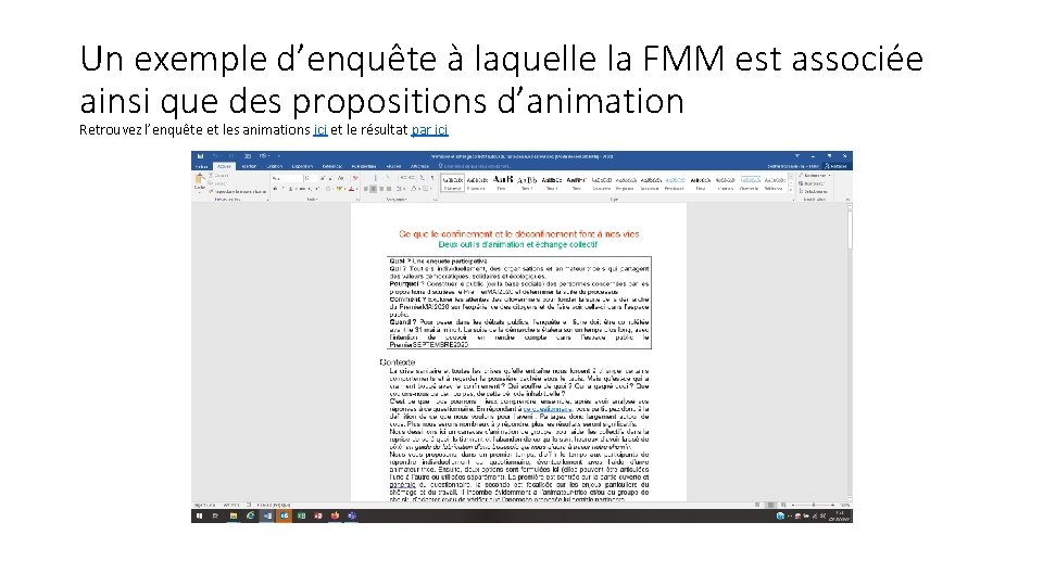 Un exemple d’enquête à laquelle la FMM est associée ainsi que des propositions d’animation