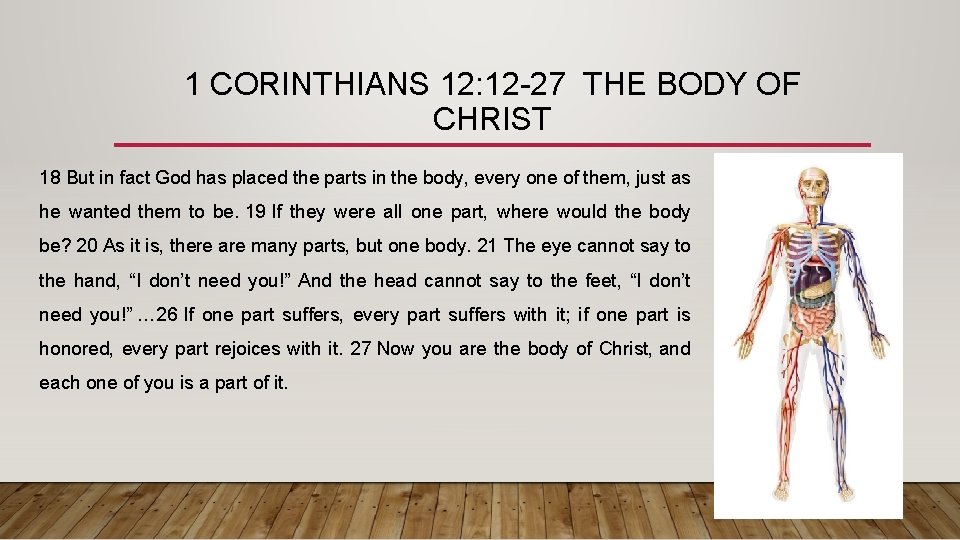 1 CORINTHIANS 12: 12 -27 THE BODY OF CHRIST 18 But in fact God
