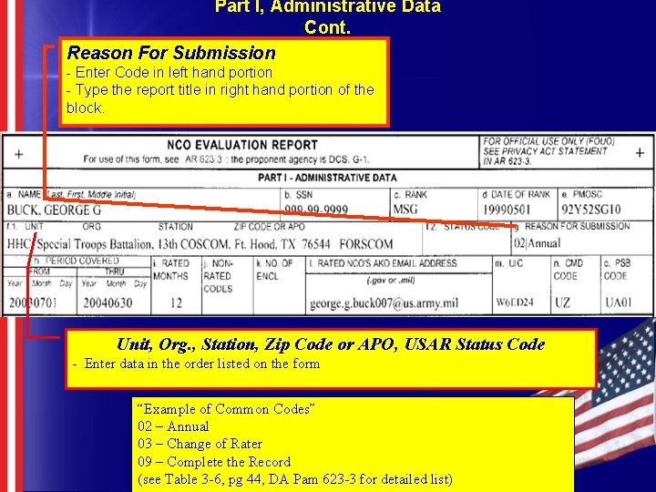 Part I, Administrative Data Cont. Reason For Submission - Enter Code in left hand Part I, Administrative Data Cont. Reason For Submission - Enter Code in left hand