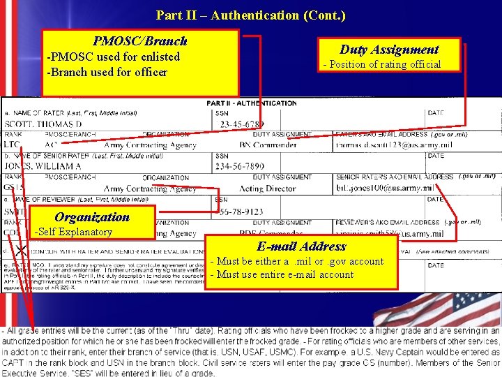 Part II – Authentication (Cont. ) PMOSC/Branch -PMOSC used for enlisted -Branch used for Part II – Authentication (Cont. ) PMOSC/Branch -PMOSC used for enlisted -Branch used for