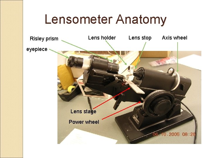 Lensometer Anatomy Risley prism Lens holder eyepiece Lens stage Power wheel Lens stop Axis Lensometer Anatomy Risley prism Lens holder eyepiece Lens stage Power wheel Lens stop Axis