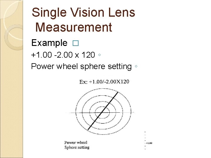 Single Vision Lens Measurement Example � +1. 00 -2. 00 x 120 ◦ Power