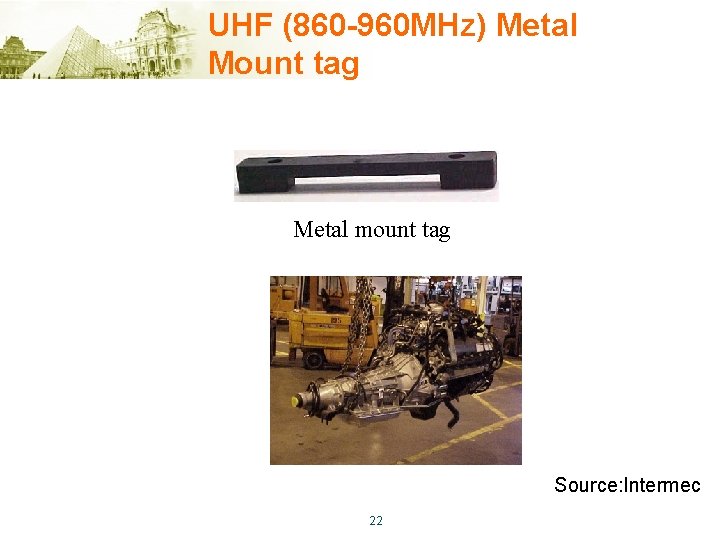 UHF (860 -960 MHz) Metal Mount tag Metal mount tag Source: Intermec 22 