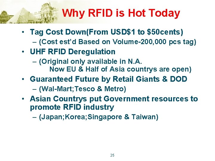 Why RFID is Hot Today • Tag Cost Down(From USD$1 to $50 cents) –