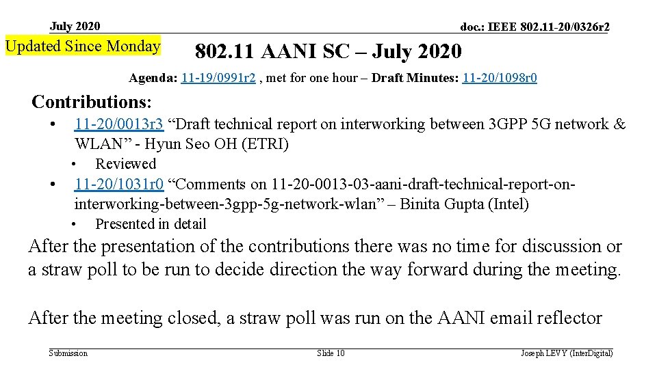 July 2020 doc. : IEEE 802. 11 -20/0326 r 2 Updated Since Monday 802.