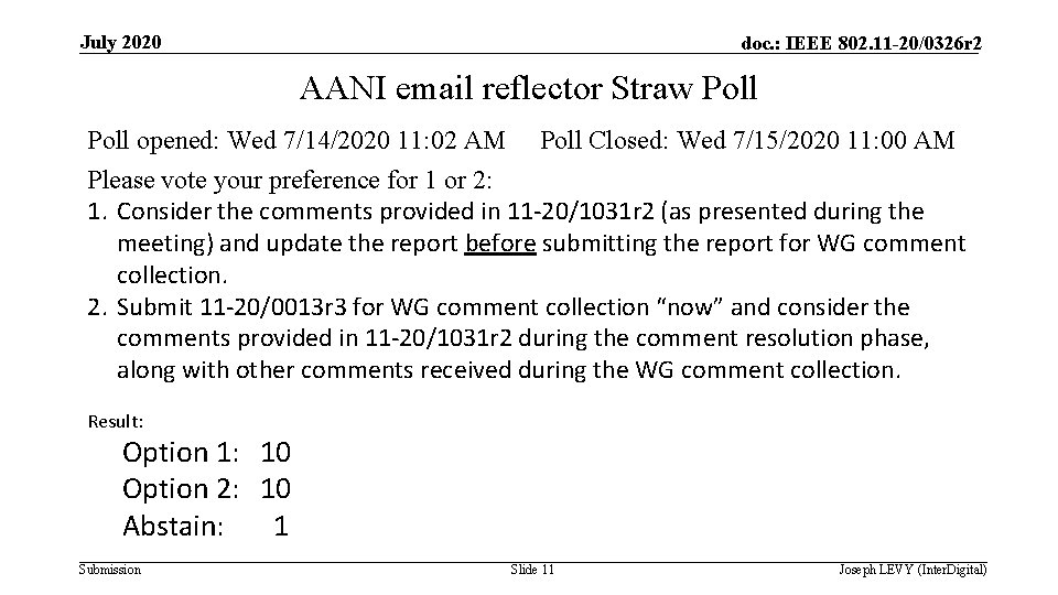 July 2020 doc. : IEEE 802. 11 -20/0326 r 2 AANI email reflector Straw