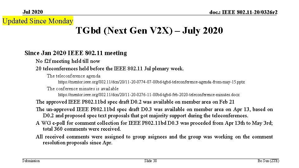 Jul 2020 doc. : IEEE 802. 11 -20/0326 r 2 Updated Since Monday TGbd