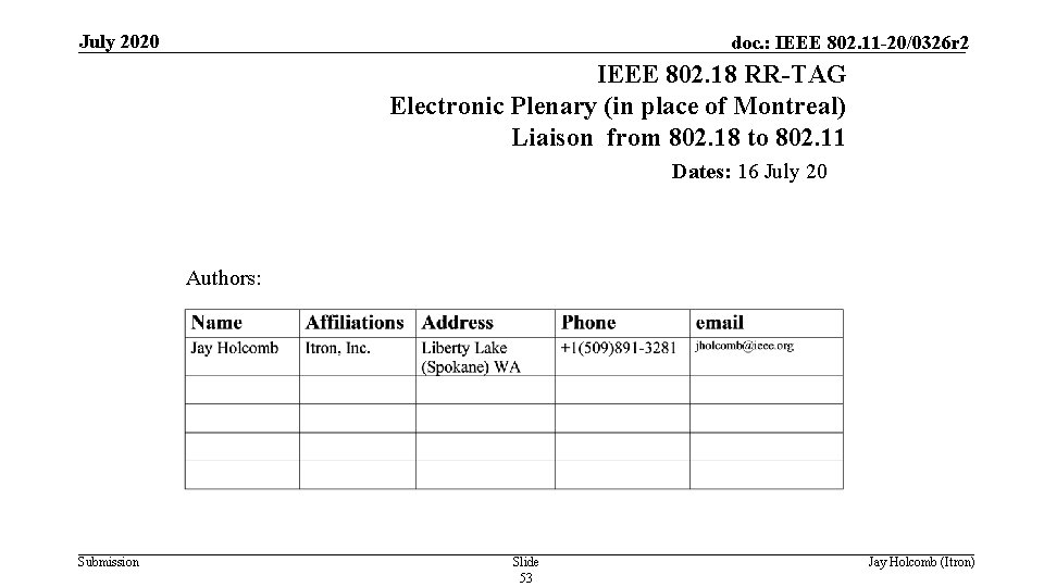 July 2020 doc. : IEEE 802. 11 -20/0326 r 2 IEEE 802. 18 RR-TAG