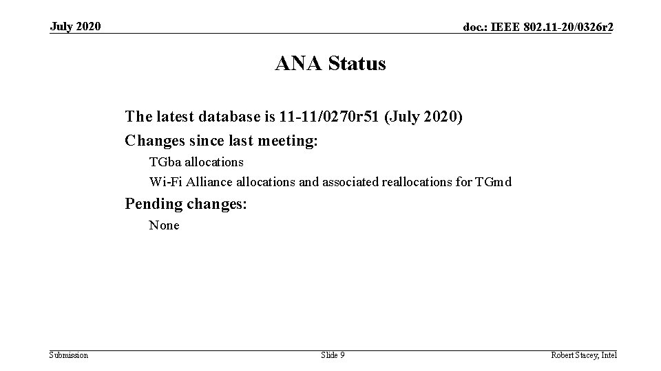 July 2020 doc. : IEEE 802. 11 -20/0326 r 2 ANA Status The latest