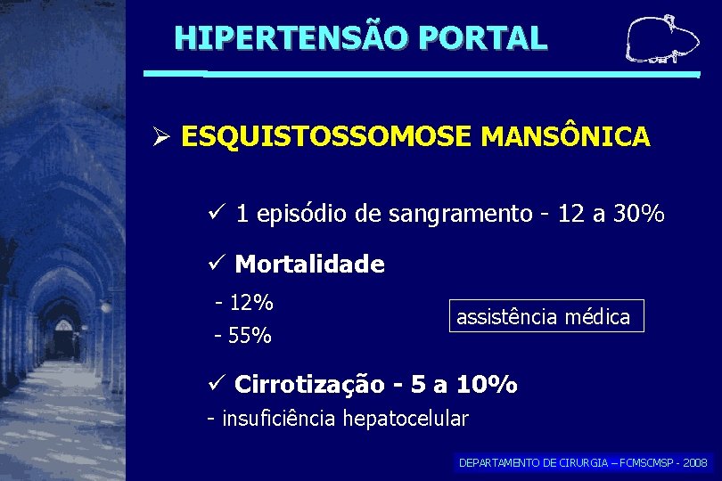 HIPERTENSÃO PORTAL ESQUISTOSSOMOSE MANSÔNICA 1 episódio de sangramento - 12 a 30% Mortalidade - HIPERTENSÃO PORTAL ESQUISTOSSOMOSE MANSÔNICA 1 episódio de sangramento - 12 a 30% Mortalidade -