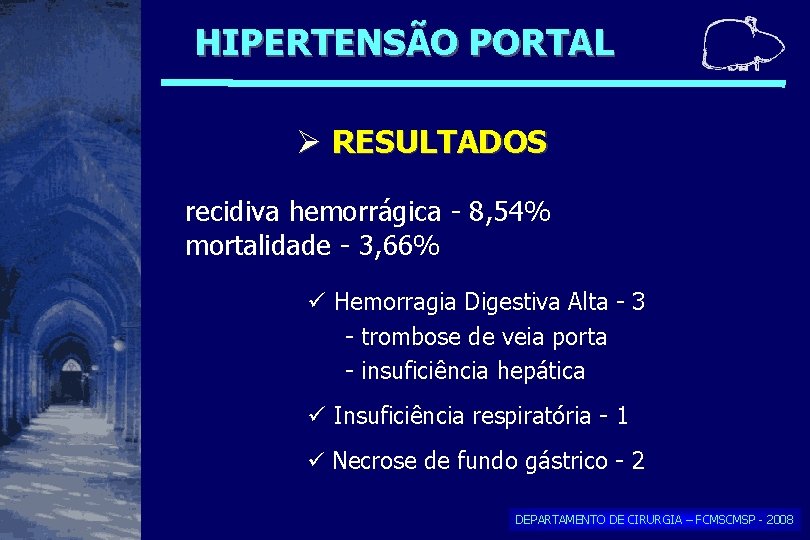 HIPERTENSÃO PORTAL RESULTADOS recidiva hemorrágica - 8, 54% mortalidade - 3, 66% Hemorragia Digestiva HIPERTENSÃO PORTAL RESULTADOS recidiva hemorrágica - 8, 54% mortalidade - 3, 66% Hemorragia Digestiva