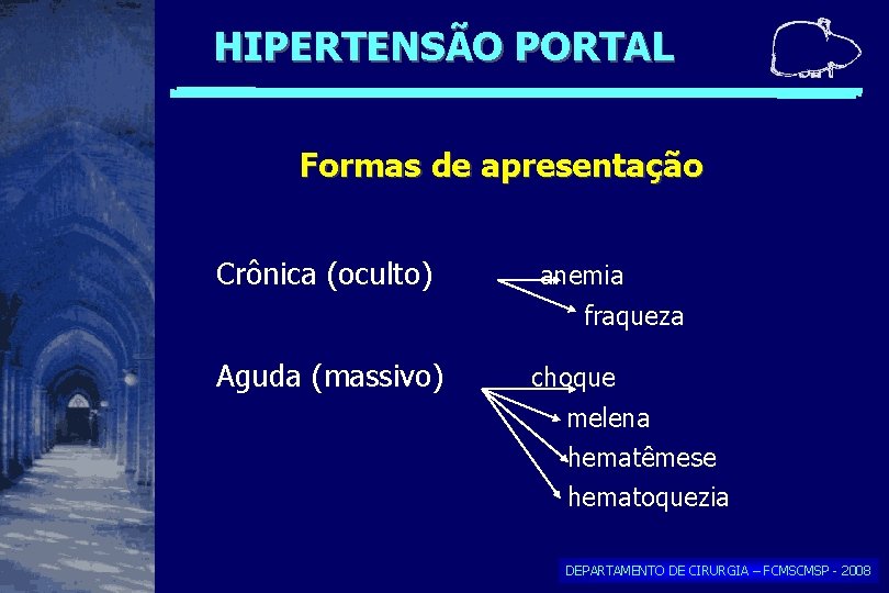 HIPERTENSÃO PORTAL Formas de apresentação Crônica (oculto) anemia fraqueza Aguda (massivo) choque melena hematêmese HIPERTENSÃO PORTAL Formas de apresentação Crônica (oculto) anemia fraqueza Aguda (massivo) choque melena hematêmese