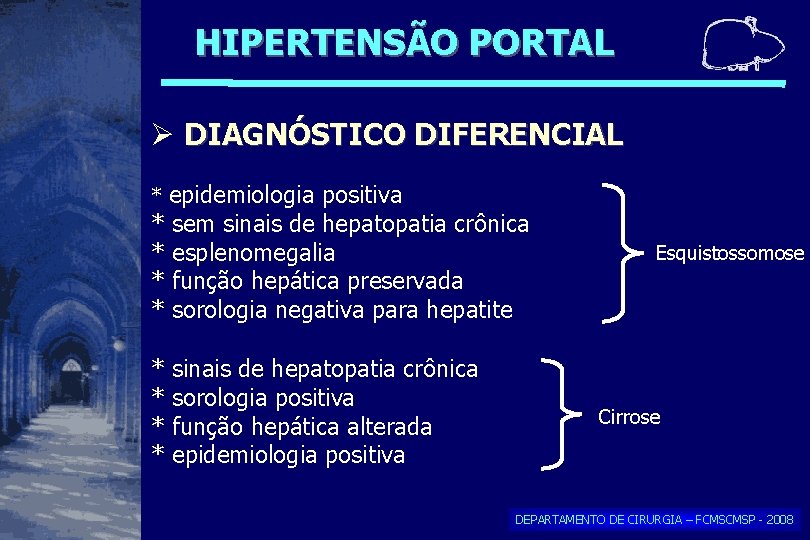 HIPERTENSÃO PORTAL DIAGNÓSTICO DIFERENCIAL epidemiologia positiva * sem sinais de hepatopatia crônica * esplenomegalia HIPERTENSÃO PORTAL DIAGNÓSTICO DIFERENCIAL epidemiologia positiva * sem sinais de hepatopatia crônica * esplenomegalia