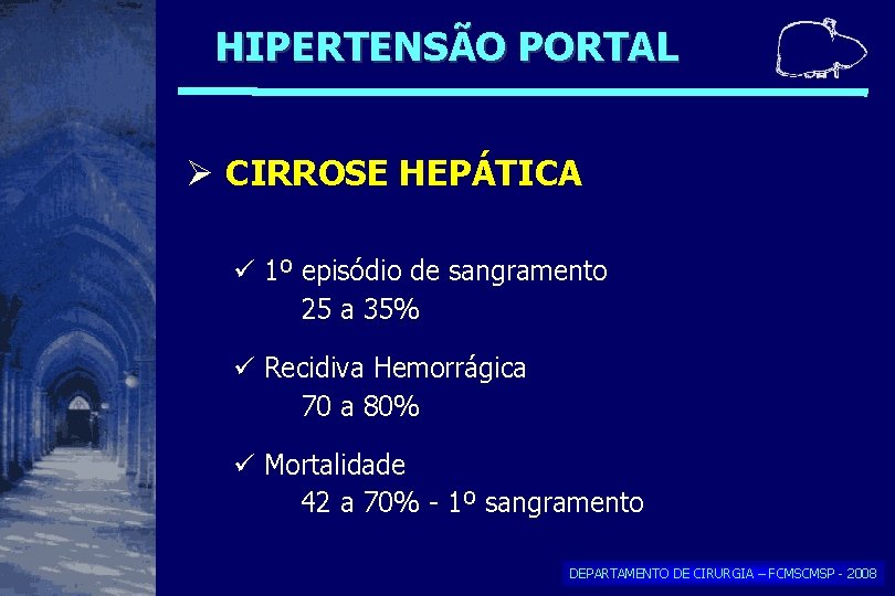 HIPERTENSÃO PORTAL CIRROSE HEPÁTICA 1º episódio de sangramento 25 a 35% Recidiva Hemorrágica 70 HIPERTENSÃO PORTAL CIRROSE HEPÁTICA 1º episódio de sangramento 25 a 35% Recidiva Hemorrágica 70