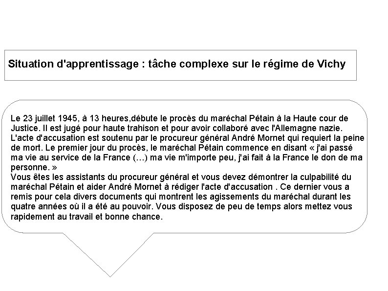 Situation d'apprentissage : tâche complexe sur le régime de Vichy Le 23 juillet 1945,