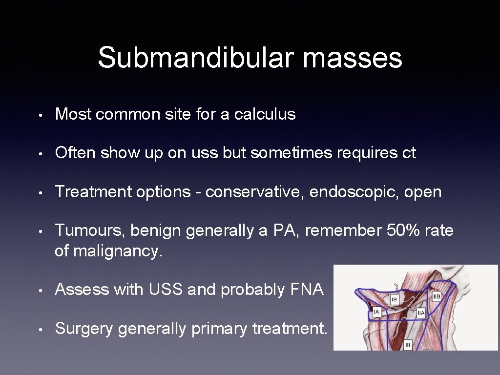 Submandibular masses • Most common site for a calculus • Often show up on