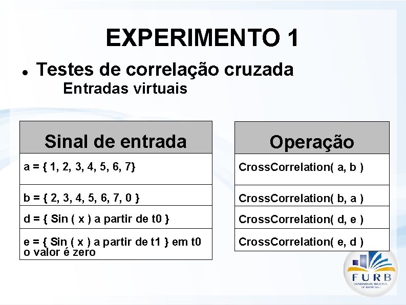 EXPERIMENTO 1 Testes de correlação cruzada Entradas virtuais Sinal de entrada Operação a =