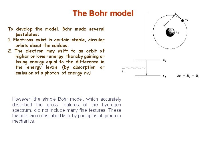 The Bohr model To develop the model, Bohr made several postulates: 1. Electrons exist